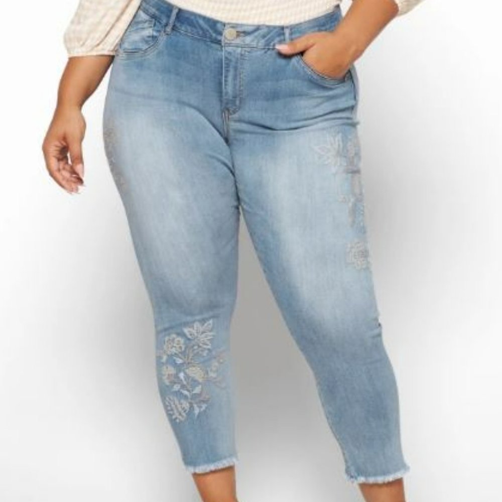 DEMOCRACY High Rise Ab Solution Embroidered Fray Hem Jean